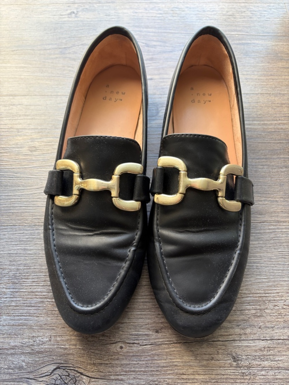 a new day Black Leather Slip-On Loafers with Gold Bit Detail